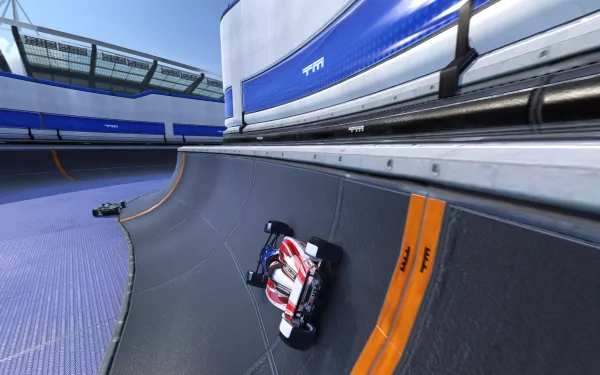 HD wallpaper of a race car from TrackMania 2 Stadium speeding on a sleek blue and white track with dynamic camera angle.