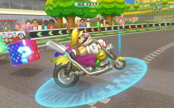 HD Mario Kart Wii wallpaper featuring Wario riding a motorcycle with a speed boost on a race track.