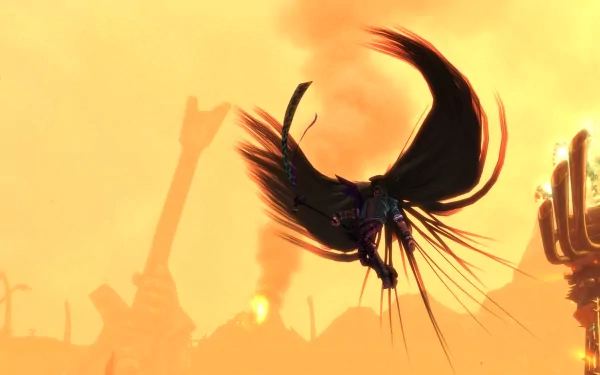 HD desktop wallpaper featuring a dramatic scene from Brutal Legend with a fiery sky and a fantastical creature soaring above a dystopian landscape.