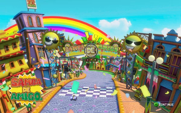 HD wallpaper of Sonic & All-Stars Racing Transformed featuring a vibrant race track with Samba de Amigo theme and cheerful sun icons.