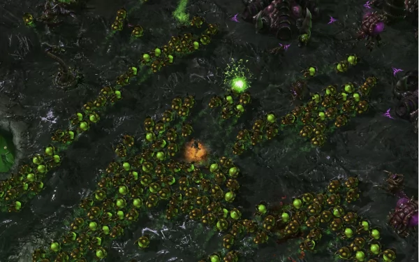 HD desktop wallpaper featuring StarCraft II: Heart of the Swarm with intricate battle scene on a Zerg-infested terrain.