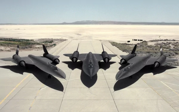 A striking HD desktop wallpaper featuring three Lockheed SR-71 Blackbird military aircraft on a runway, showcasing their sleek design against a vast landscape.
