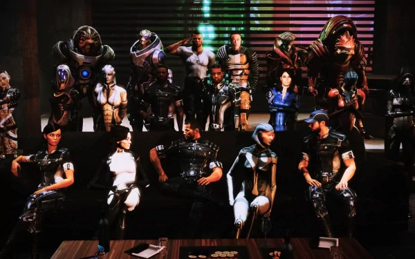 HD PC desktop wallpaper featuring a group of characters from the video game Mass Effect 3, showcasing a diverse team in a futuristic setting.
