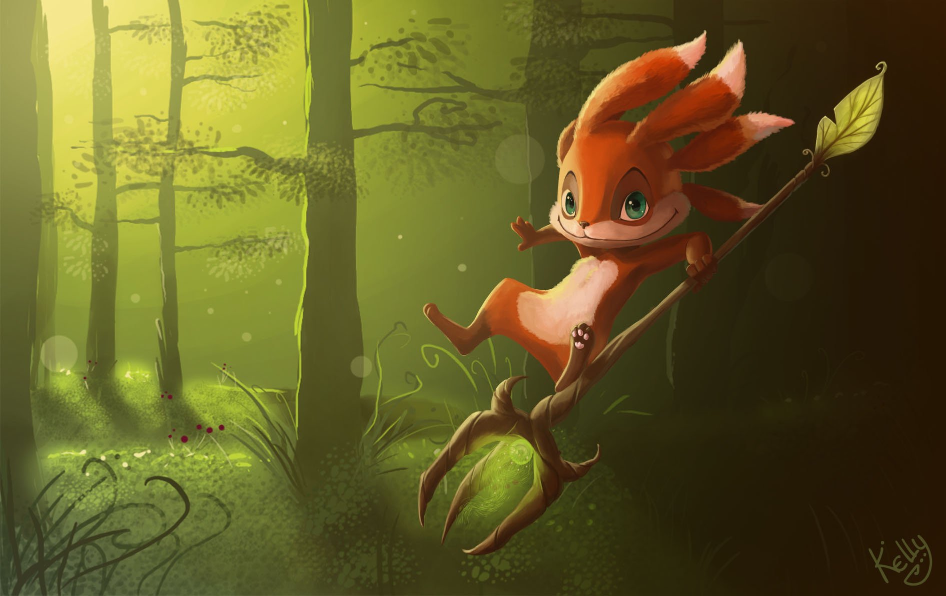 HD PC desktop wallpaper of Fizz (League of Legends) swinging on his leafy trident through a sunlit forest — video game League of Legends background.