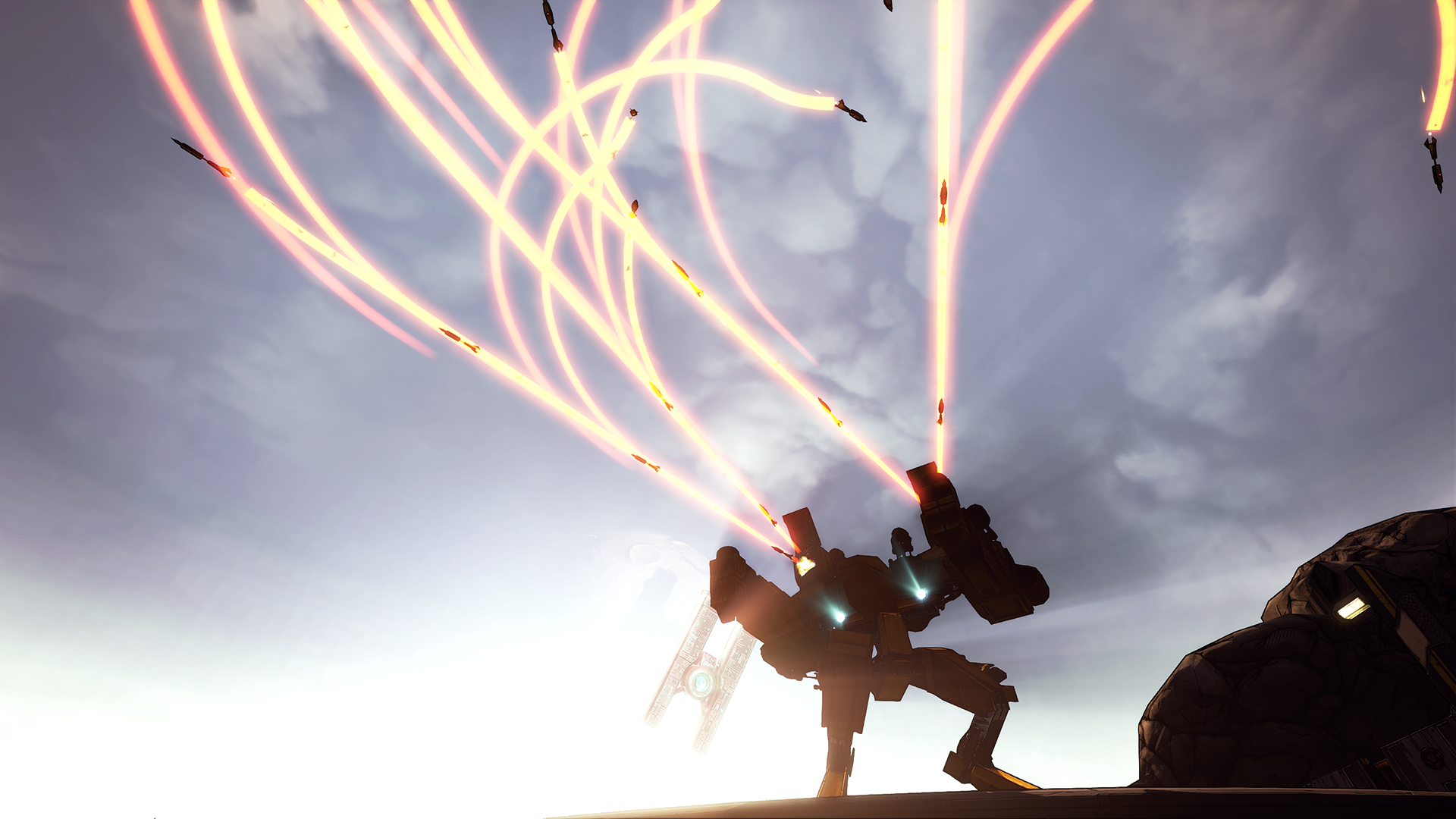 HD wallpaper of a Borderlands 2 character silhouette with dynamic orange energy blasts against the sky.