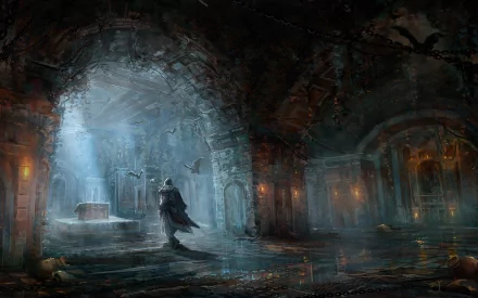 HD wallpaper of Assassin's Creed: Brotherhood, featuring a cloaked figure walking through a dimly lit, atmospheric crypt with beams of light breaking through the darkness.