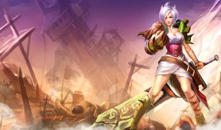 HD PC desktop wallpaper featuring Riven from the video game League of Legends in a dynamic pose against a fiery, battle-scarred background.