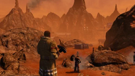 HD wallpaper featuring a scene from Red Faction: Guerrilla, with characters on a Martian landscape under an orange sky.