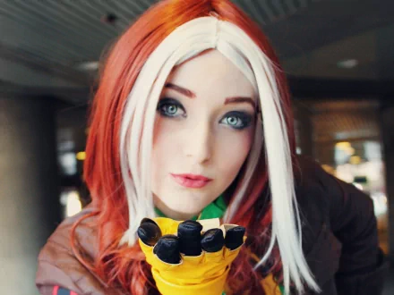 HD desktop wallpaper featuring a woman with two-toned hair cosplaying as Rogue from X-Men.