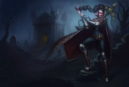 HD PC desktop wallpaper featuring Vayne from the video game League of Legends, set against a dark, eerie background with a castle silhouette.