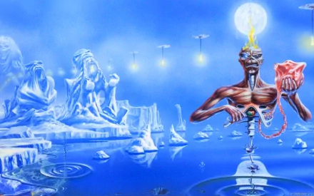 A vibrant Iron Maiden-themed HD desktop wallpaper featuring a surreal icy landscape with the iconic mascot, surrounded by floating lights and water reflections.