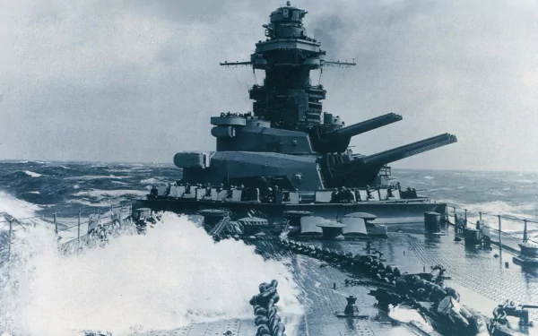 HD desktop wallpaper of the French battleship Richelieu navigating rough seas, showcasing its warship design and military presence.