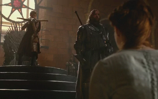 HD Game of Thrones desktop wallpaper featuring Rory McCann as Sandor Clegane and Jack Gleeson as Joffrey Baratheon in a tense throne room scene.