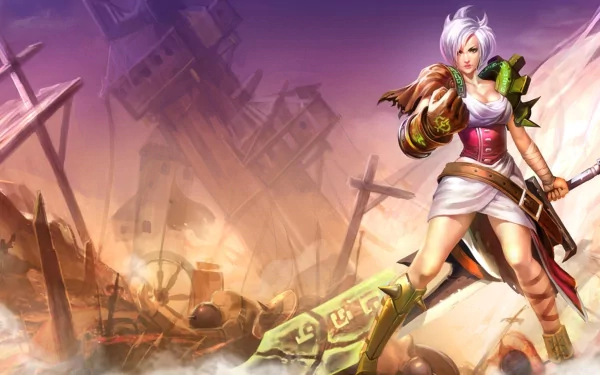 HD PC desktop wallpaper featuring Riven from the video game League of Legends in a dynamic pose against a fiery, battle-scarred background.