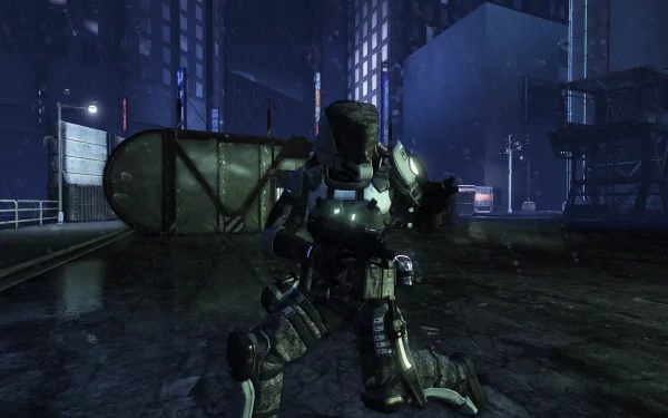 HD wallpaper of Blacklight: Retribution featuring a soldier in futuristic armor crouching on a rainy urban battlefield.