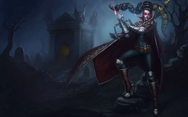 HD PC desktop wallpaper featuring Vayne from the video game League of Legends, set against a dark, eerie background with a castle silhouette.