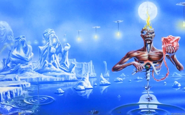 A vibrant Iron Maiden-themed HD desktop wallpaper featuring a surreal icy landscape with the iconic mascot, surrounded by floating lights and water reflections.