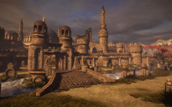 HD PC desktop wallpaper/background from the video game Chivalry: Medieval Warfare showing a sunlit stone fortress and battlements surrounded by grassy fields under a moody cloudy sky.