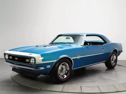 HD PC desktop wallpaper featuring a classic blue Chevrolet Camaro SS muscle car in a studio setting.