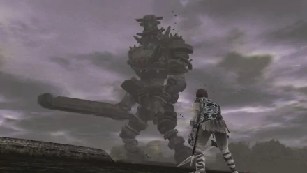 HD PC desktop wallpaper from the video game Shadow of the Colossus featuring a lone warrior facing a towering colossus under a cloudy sky.