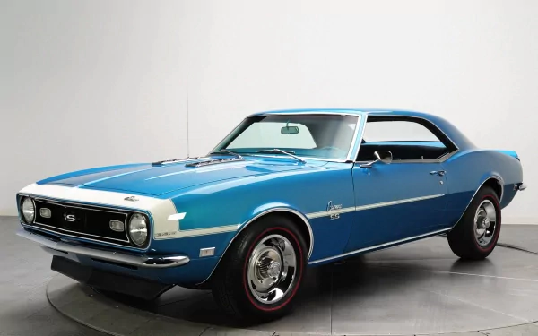 HD PC desktop wallpaper featuring a classic blue Chevrolet Camaro SS muscle car in a studio setting.