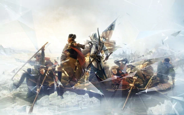 4K Ultra HD PC wallpaper featuring a dynamic battle scene from the video game Assassin's Creed III, showcasing the protagonist leading rowers through icy waters.