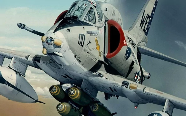 HD desktop wallpaper featuring a close-up view of a military Douglas A-4 Skyhawk jet in flight, showcasing its detailed design and weaponry.