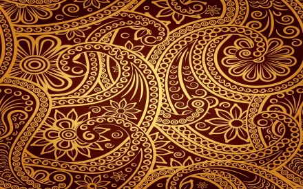 Abstract ornamental gold paisley and floral swirls on deep maroon — 2K Quad HD PC desktop wallpaper/background.