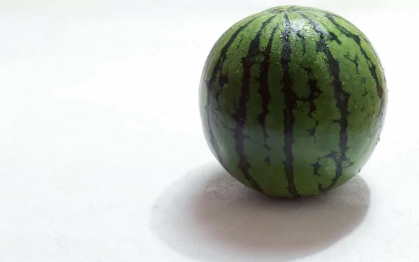 HD PC desktop wallpaper featuring a fresh whole watermelon on a clean white surface, highlighting vibrant green and dark striped patterns.