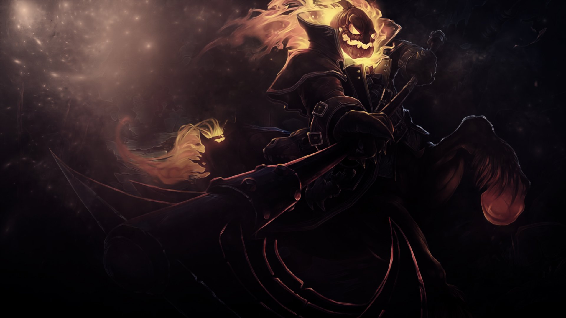 Dark, fiery depiction of Hecarim from League of Legends in an intense, shadowy HD video game wallpaper for PC desktop background.