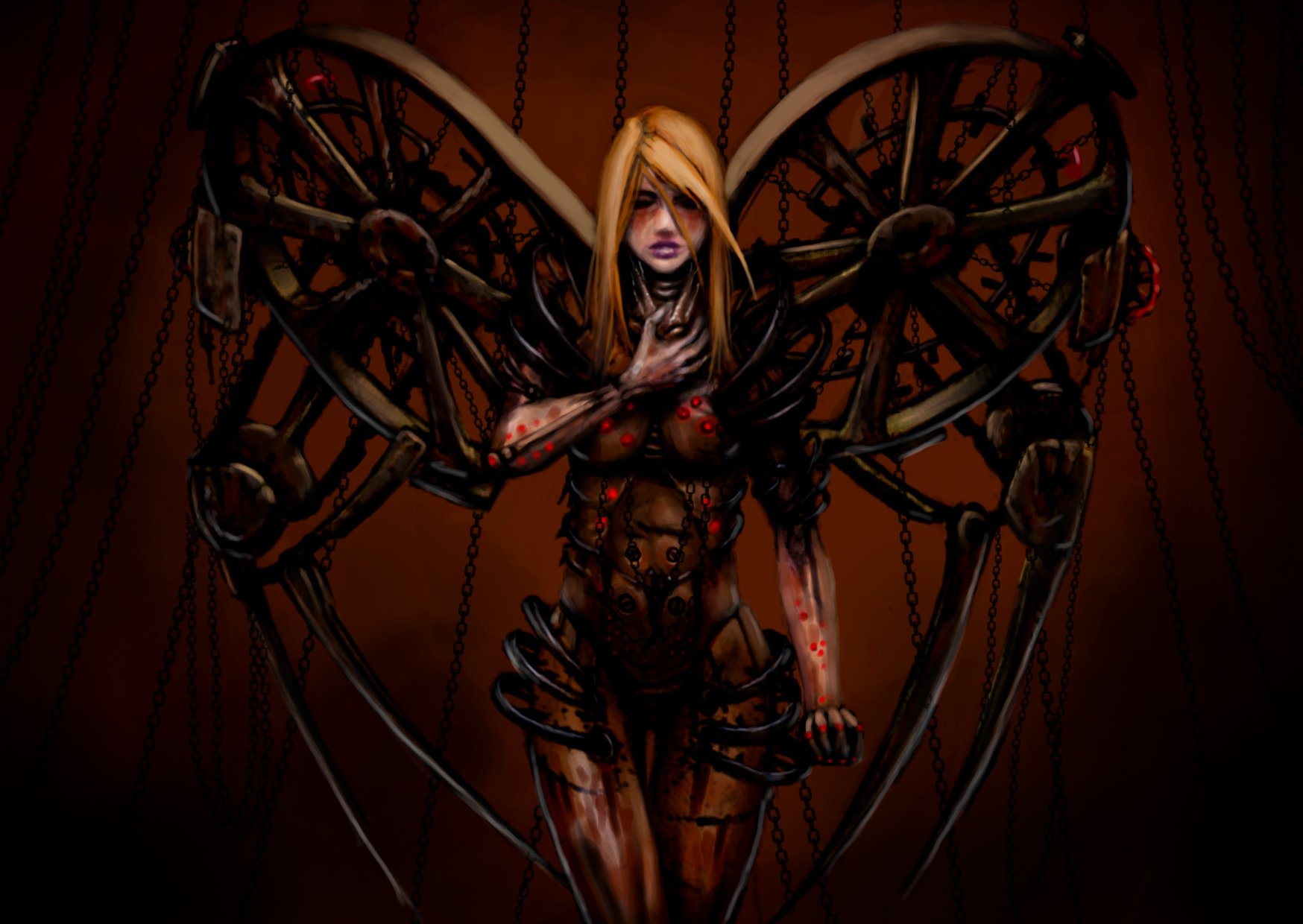 A striking cyberpunk sci-fi wallpaper featuring a humanoid figure with mechanical wings, set against a dark, atmospheric background, showcasing a fusion of technology and emotion.