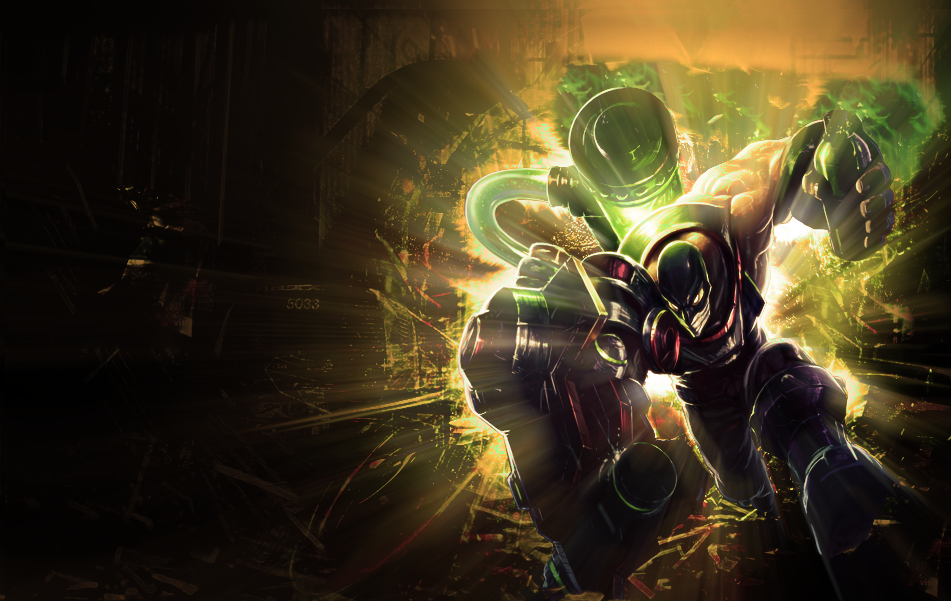 HD PC desktop wallpaper featuring Singed from the video game League of Legends, showcasing the character in an intense, dynamic pose with glowing green effects.