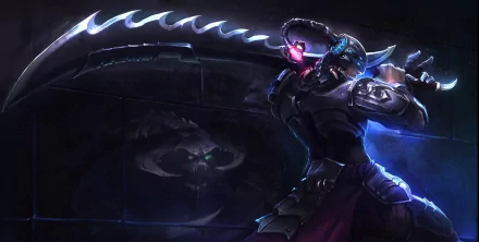 A striking HD wallpaper of Master Yi from League of Legends, featuring the champion wielding a large scythe against a dark, dynamic background.