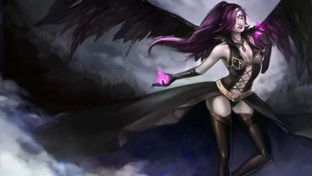 Morgana (League of Legends) spreads dark wings, channeling purple magic against a stormy sky — HD PC desktop wallpaper/background from the video game League of Legends.