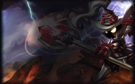 HD desktop wallpaper featuring Veigar from League of Legends, showcasing his dark, powerful presence against a stormy backdrop with dramatic lightning.