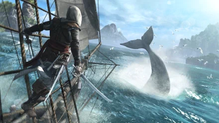 A dynamic scene from Assassin's Creed IV: Black Flag, featuring a pirate character on a ship, swords drawn, as a majestic whale breaches the ocean surface. HD wallpaper for PC.