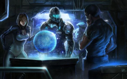 HD PC desktop wallpaper featuring characters from the video game Mass Effect gathered around a glowing holographic globe in a futuristic setting.