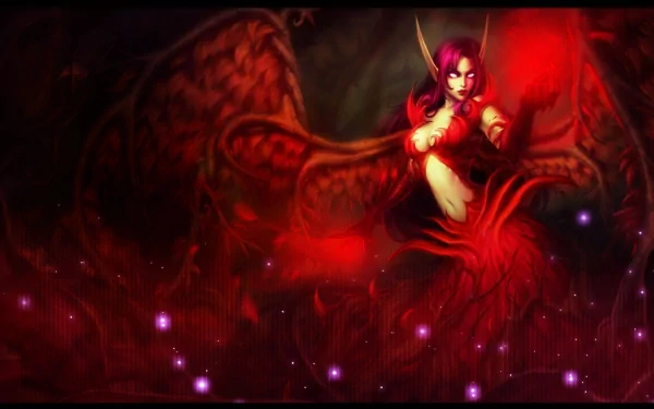 HD desktop wallpaper featuring Morgana from the video game League of Legends, depicted with dark wings and glowing red and purple magical effects.