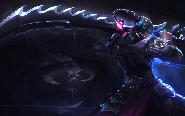 A striking HD wallpaper of Master Yi from League of Legends, featuring the champion wielding a large scythe against a dark, dynamic background.