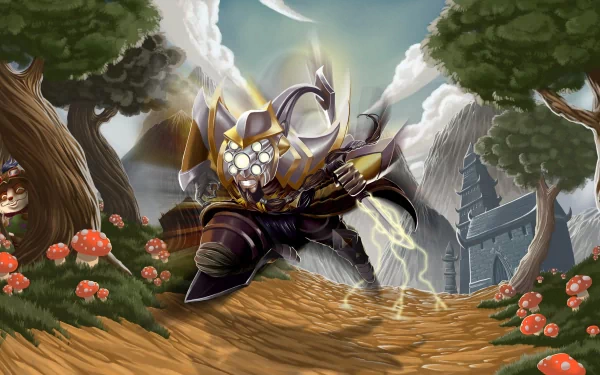 4K Ultra HD League of Legends wallpaper featuring Master Yi poised with lightning energy on a forest path, with Teemo partially visible behind a tree.