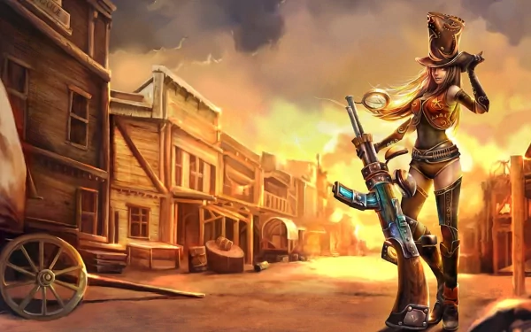 Caitlyn from League of Legends stands in a Wild West setting, showcasing her signature sniper rifle against a dramatic sunset backdrop, creating an engaging HD wallpaper.