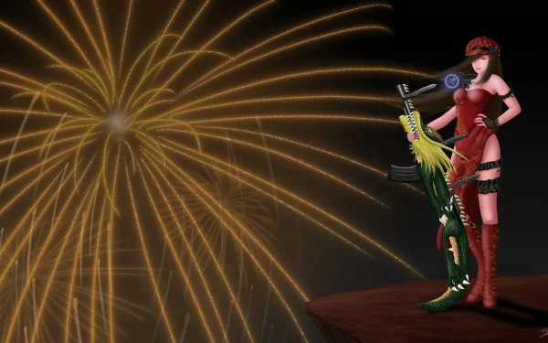 Caitlyn from League of Legends in a red outfit with ornate rifle on a cliff, golden fireworks bursting behind her — 4K Ultra HD video game PC desktop wallpaper.