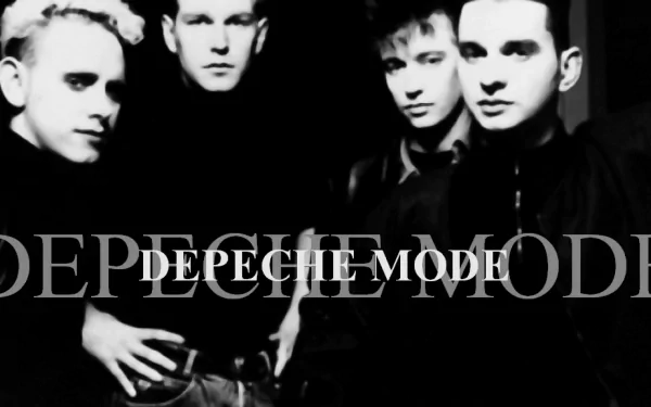 Black and white HD PC desktop wallpaper featuring the band Depeche Mode with their name prominently displayed, capturing a classic music vibe.
