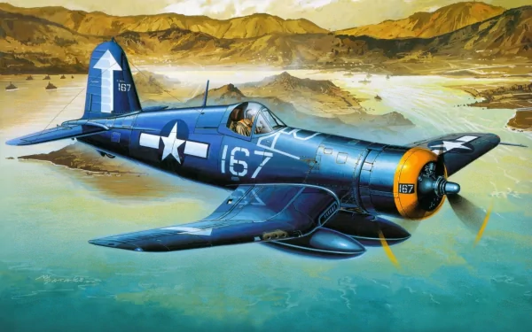 HD desktop wallpaper featuring a military Vought F4U Corsair aircraft flying over a mountainous landscape.