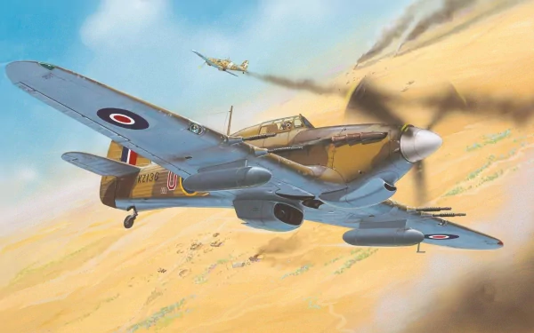 HD desktop wallpaper featuring a military Hawker Hurricane fighter plane flying above a desert landscape with another plane in the background.