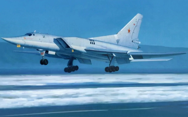 HD desktop wallpaper featuring a Tupolev Tu-22 military bomber aircraft in flight against a clear blue sky.