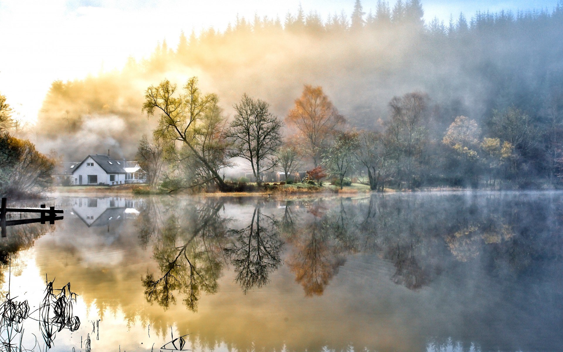 HD photography of a serene lakeside scene with mist, trees, and a house perfectly reflected in the calm water, creating a peaceful desktop wallpaper background.