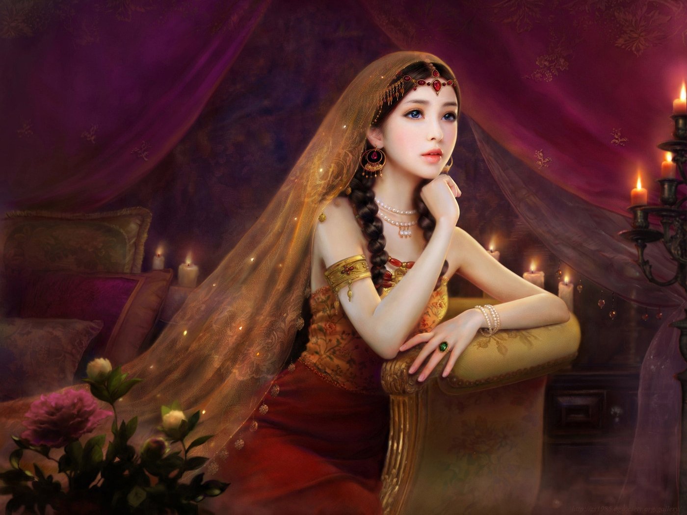 HD PC desktop wallpaper — fantasy portrait of a regal woman in an ornate gown and veil, seated in a candlelit, jewel-toned chamber.