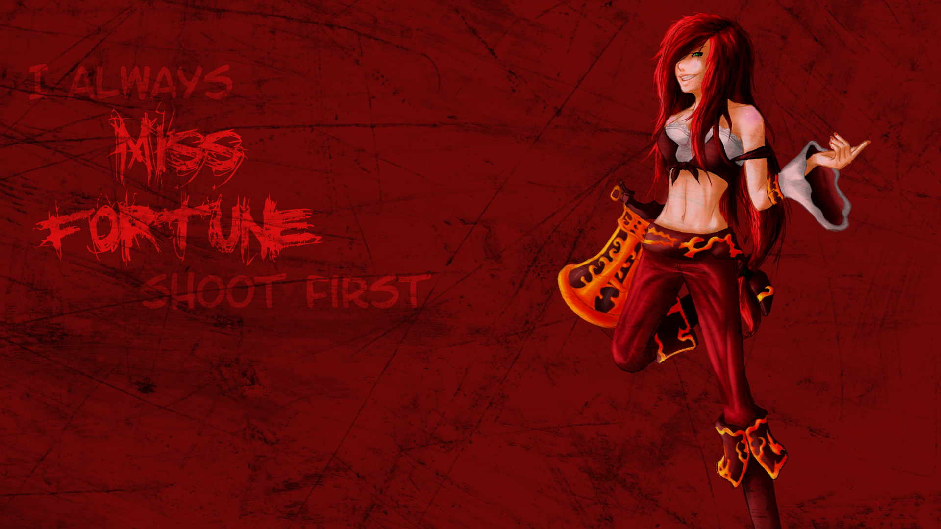 Miss Fortune from League of Legends stands confidently in this HD desktop wallpaper, embodying her bold and adventurous spirit against a striking red background.