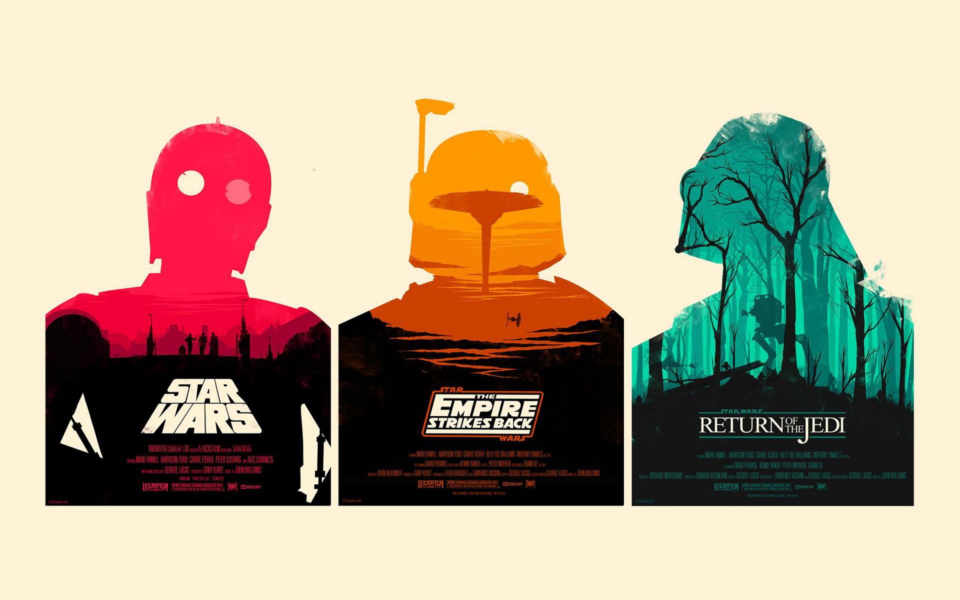 HD PC desktop wallpaper: minimalist Star Wars triptych — red C-3PO silhouette (Star Wars), orange Boba Fett (The Empire Strikes Back), green Yoda profile (Return of the Jedi).